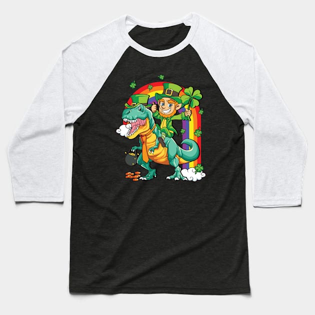 Leprechaun Riding T-Rex Dinosaur St Patricks Day Baseball T-Shirt by Alinutzi